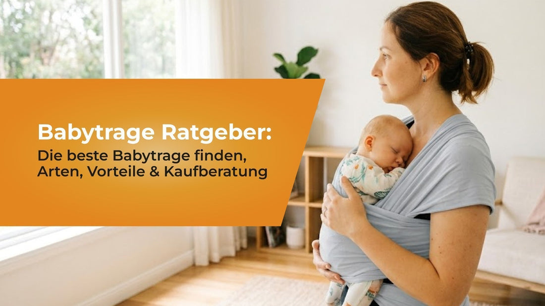 Eltern trägt Baby in ergonomischer Babytrage in heller, freundlicher Umgebung – Ratgeber zur Auswahl der besten Babytrage mit Tipps zu Arten, Vorteilen und Kaufkriterien.
